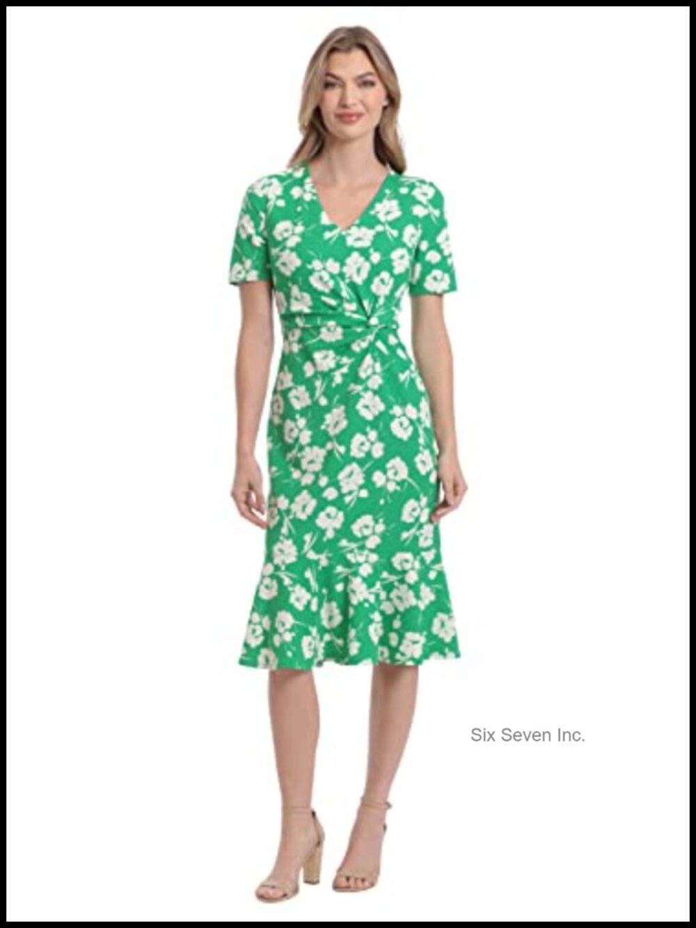 Women's V-Neck Flounce Hem Twist Waist Dress, Knee Length Office & Event Wear,